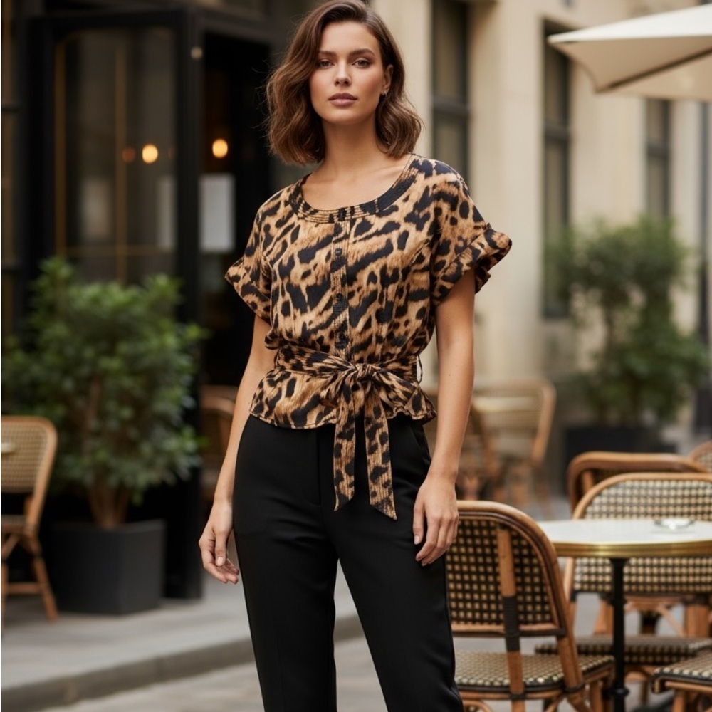 Jones New York Cheetah Womens XL Short Sleeve blouse Belt Chic Elegant Feminine - Picture 1 of 9